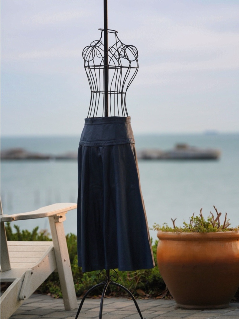 Slate Blue Leather A-Line Midi Skirt